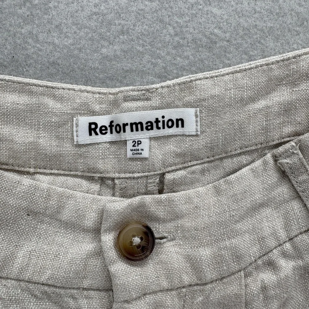Reformation Alex Linen Pleated Pants Womens 2P Beige Relaxed Mid Rise Summer